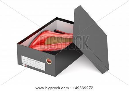 Red high heel shoes in the black shoeboxes 3D rendering isolated on white background