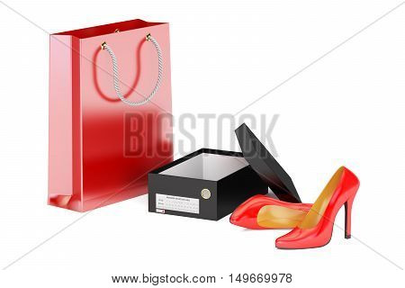 Red high heel shoes shoebox and shopping bag. Shopping concept 3D rendering