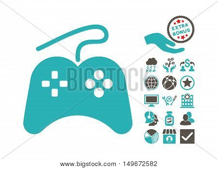 Gamepad icon with bonus elements. Vector illustration style is flat iconic bicolor symbols, grey and cyan colors, white background.
