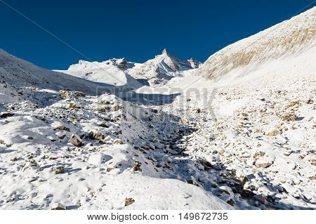 Snow covered mountain panorama. Thorong La pass at 5416m in Nepal.
