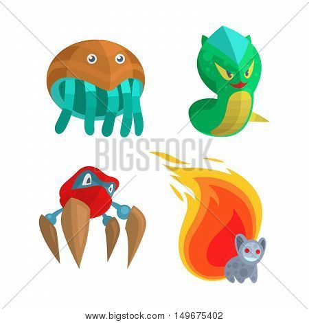 Fantasy monster color grunge character funny design element. Humour emoticon fantasy monsters unique expression sticker isolated. Alien sticker vector fantasy monsters paint crazy animals.