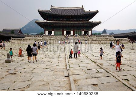 SEOUL SOUTH KOREA - MARCH 08: This is inside Gwanghwamun palace a famous landmark in Seoul where many tourists come to see Korean history on March 08th 2014 in Seoul.