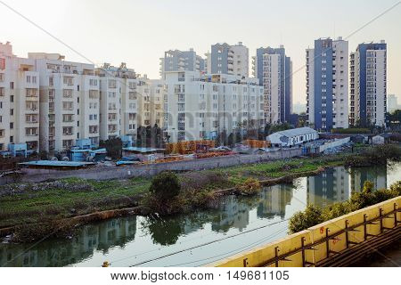 Taken from a railway track this is a view of some apartment buidlings in Ningbo China