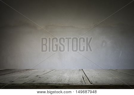 Wooden Table Or Floor Platform And Polished Concrete Surface Background