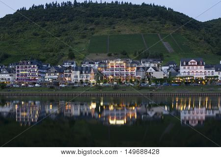 Cochem Germany - Aug 20 2016: Cityscape of Cochem from the Mosel river during sunset