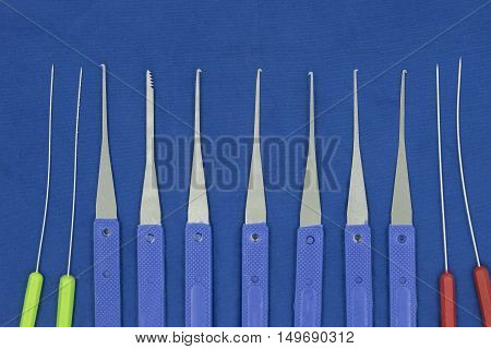 locksmith tools on blue fabric background - can use to display or montage on products
