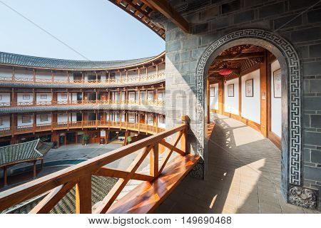 Luodai Sichuan Province China - Jan 16 2016 : Door in an Hakka traditional round house