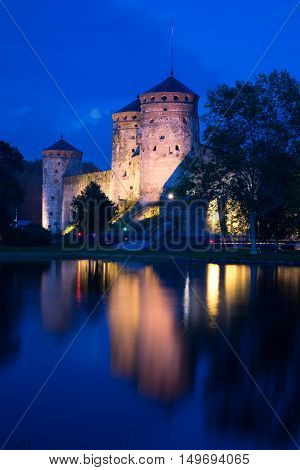 View of the Olavinlinna fortress on august night. Savonlinna Finland