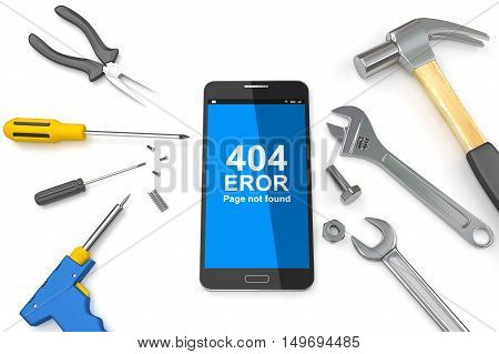 Page 404 error on Smartphone with tools, 404 error page,  page not found Error 404. 3D illustration