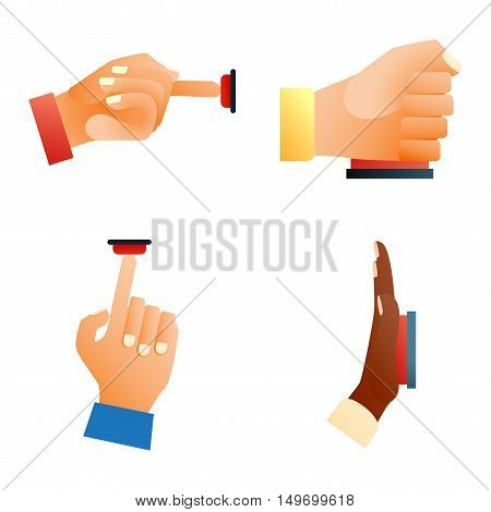 Hand press red button finger press icon on white background. Finger control start up hands push red buttons pointer cursor. Target gesture internet human hands push buttons touch concept one click.