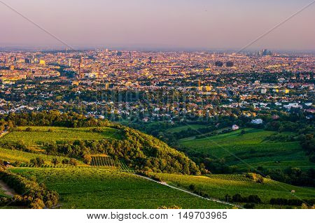 Beautiful view of skyline of Vienna and Danube River with green trees of Doebling district, Austria. Travel photo of the landmark.