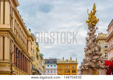 Memorial Plague column, Pestsaule on Graben street in Vienna. The Graben is one of the most famous streets in Vienna first district, the city centre. Beautiful travel picture on Vienna.