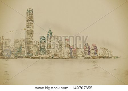 Hong Kong Island with scyscrapes illuminated by night, viewed from Kowloon, Hong Kong, China. Vintage painting, background illustration, beautiful picture, travel texture