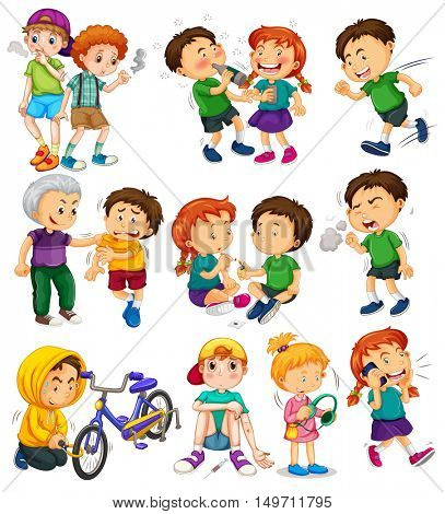 Different kids doing bad things illustration