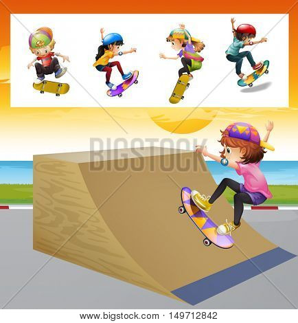 Kids playing skatboard on the ramp illustration