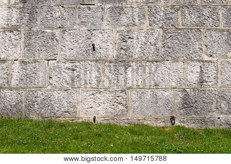 Detail a grey fortified wall (surrounding wall) with a green grass and flowers. Austrian fortress