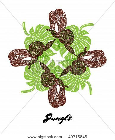 Jungle mood engraved fractal outlet composition. Bright colored composition with Jungle fauna and flora. Vector Illustration.