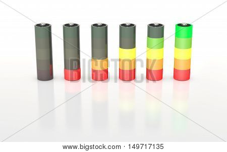 Battery charge level indicators set.Isolated on white background. 3D rendering illustration.