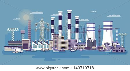 Stock vector illustration of an industrial zone with factories, plants, warehouses, enterprises in the flat style