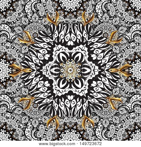 Seamless vintage pattern on golden background with white floral elements.