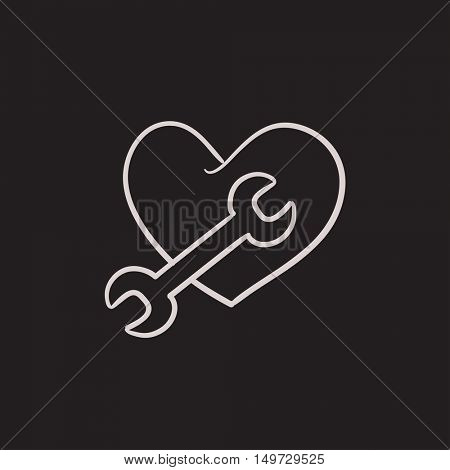 Heart with wrench vector sketch icon isolated on background. Hand drawn Heart with wrench icon. Heart with wrench sketch icon for infographic, website or app.