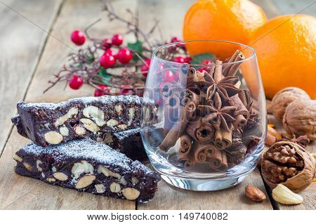 Panforte traditional italian christmas dessert with nuts and candied fruits horizontal