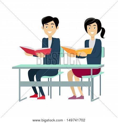 Pupils with textbooks sitting at a school desk. Studying in classroom. Smiling pupils in school uniform. Learning process. Schoolgirl and schoolboy personage. Vector illustration on white background