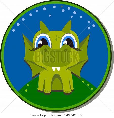 Sticker Flying green dragon for Kindergarten. Cartoon style isolated on white background for your design.