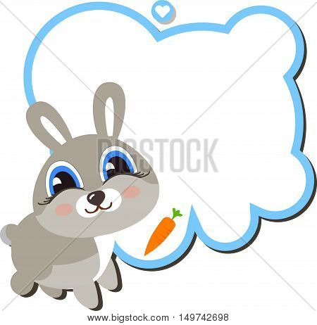 Baby bunny with a carrot and a frame for your message. Cartoon style isolated on white background