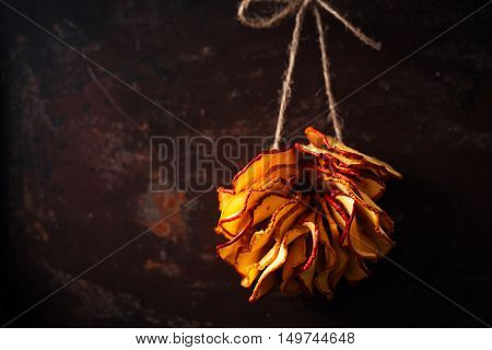Dried apple slices hanging on string with dark metal backdrop and copy space