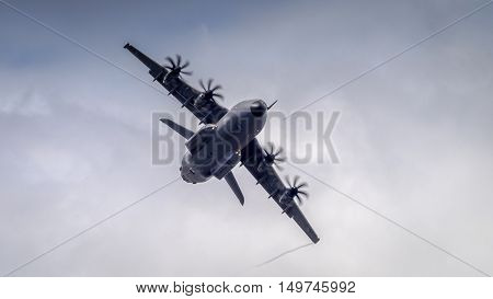 Farnborough UK - 6th July 2016: An Airbus A400M Atlas military transport in flight at Fanborough Airshow