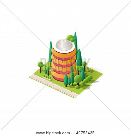 Stock vector illustration isometrics isolated multi-storey building with offices and skyscraper with apartments, arranged territory for business center on a white background