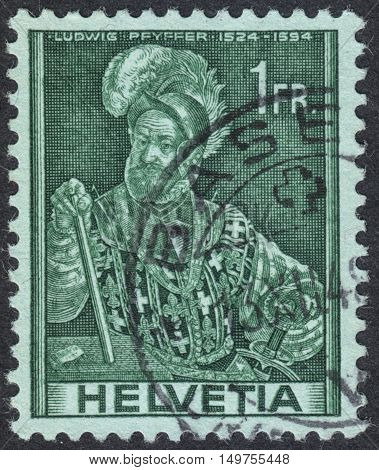 MOSCOW RUSSIA - CIRCA SEPTEMBER 2016: a stamp printed in SWITZERLAND shows a portrait of Colonel Ludwig Pfyffer the series 