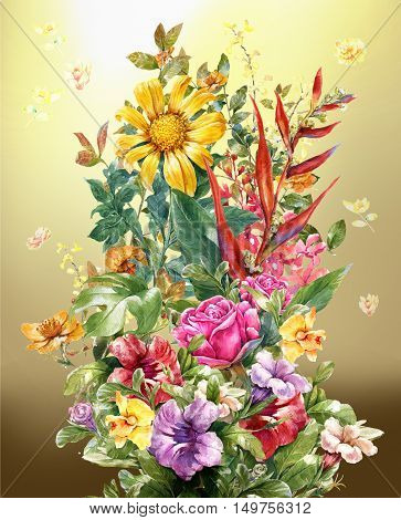 Bouquet of multicolored flowers watercolor painting style