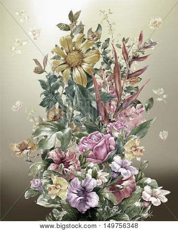 Bouquet of multicolored flowers watercolor painting style