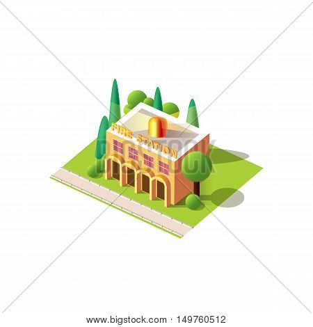 Stock vector illustration isometrics isolated fire station building with arranged territory for business center on a white background