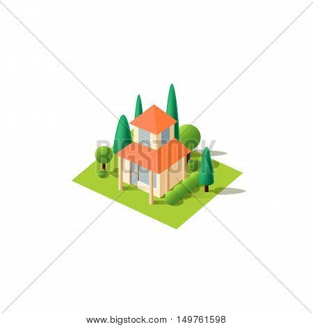 Stock vector illustration isometrics isolated Chinese Japanese sushi bar restaurant building with arranged territory for business center on a white background