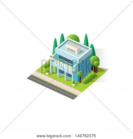 Stock vector illustration isometrics isolated cottage building, private house, vacation home, villa with arranged territory element for city info graphic on a white background