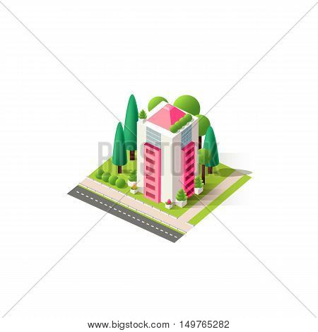 Stock vector illustration isometrics isolated multistory building with offices and skyscraper with apartments, arranged territory for business center on a white background