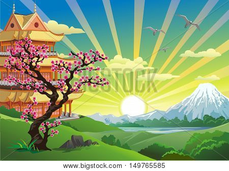 Asian Palace - landscape, view from hill to lake and volcano. Vector illustration