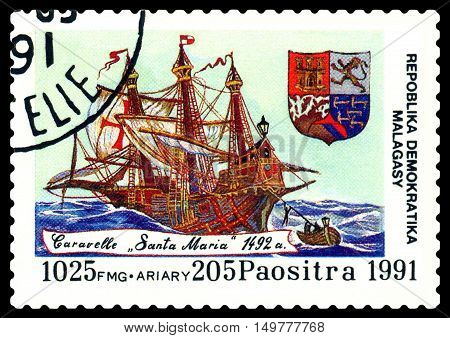 STAVROPOL RUSSIA - September 01 2016: a stamp printed in Malagasy shows caravelle Santa Maria circa 1991.