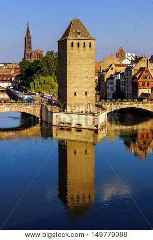 Old Historical Center Of Strasbourg. Fortress Towers And Briges In Little France With Reflection In