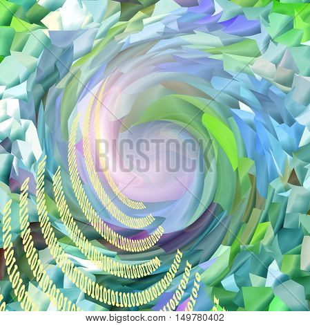 Abstract coloring green background of the abstract gradient with visual lighting,mosaic,pinch and twirl effects,and binary code:null and zero