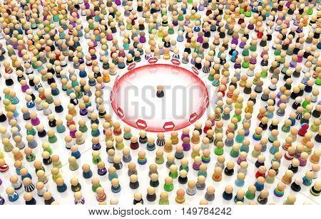 Crowd of small symbolic figures personal space border 3d illustration horizontal