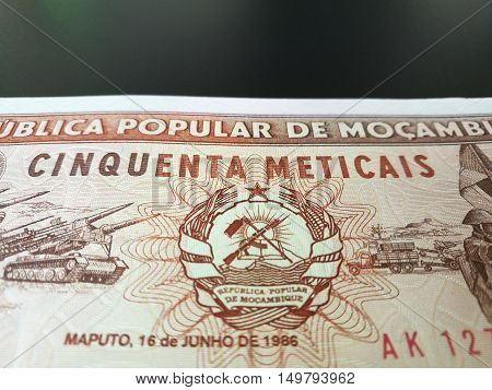 Close up of Mozambican Metical, Mozambique paper bank note, Mocambique money