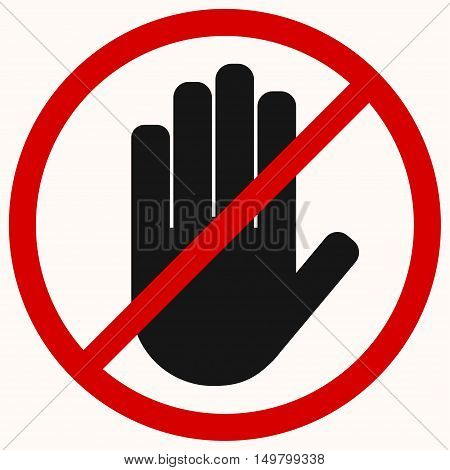 Stop. Black hand octagonal stop hand sign for prohibited activities. No entry