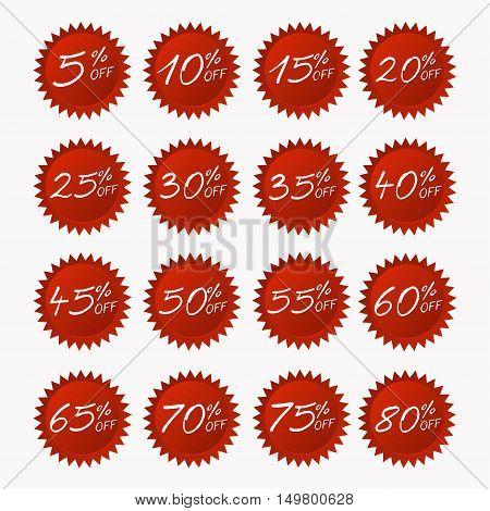 Red discount stickers set. From 5 to 80 percent of discount label tag isolated on white background. You can simply change color and size