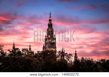 Vienna Town Hall at dusk landmark and local government at the Ring Strasse
