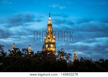 Vienna Town Hall at evening landmark and local government at the Ring Strasse