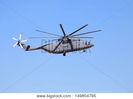 Modern russian military transport helicopter in flight